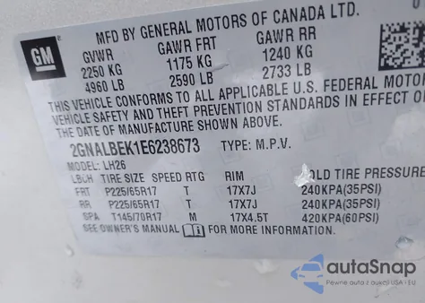 2014 Chevrolet Equinox 1Lt z USA, uszkodzony, nr VIN 2GNALBEK1E6238673